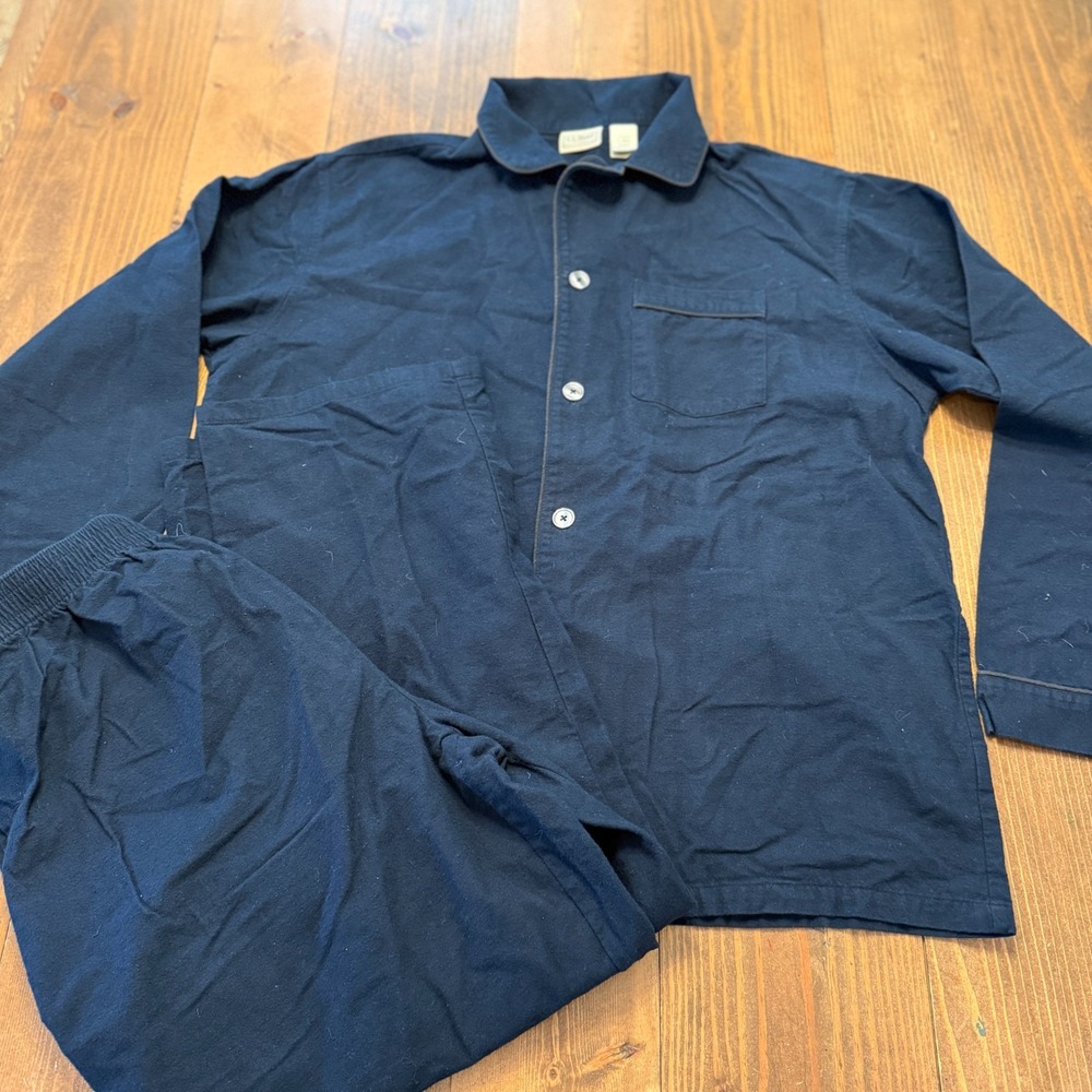 LL Bean Mens Medium Flannel Pajama Set GUC Navy Blue‎ Pants Shirt